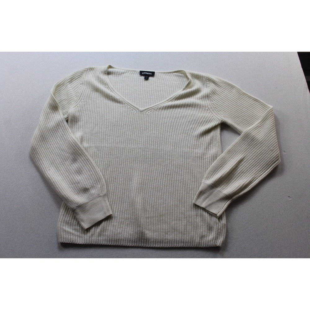 Express Women White Knit Sweater V Neck Long Sleeve Casual Size Large